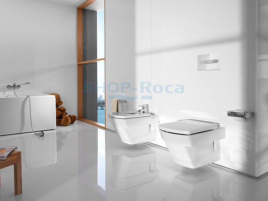 Фото: Комплект Roca PRO с унитазом Hall 346627000 с крышкой-сиденьем с микролифтом  и кнопкой смыва Roca в каталоге